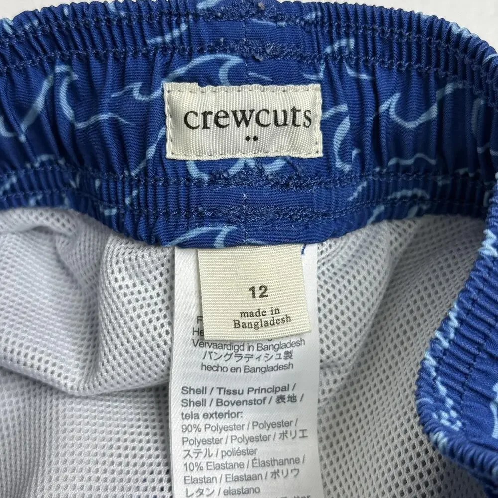 Crewcuts Swim Shorts Boys 12 Blue Wave Print Mesh Lined Elastic Drawstring Surf